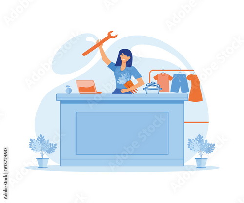 A woman who manages the balance between family life, housework and business career. flat vector modern illustration 