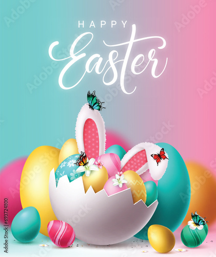 Happy easter greeting vector design. Happy easter text with crack egg shell, colorful eggs and bunny ears decoration elements for kids fun hunt celebration concept. Vector illustration easter greeting