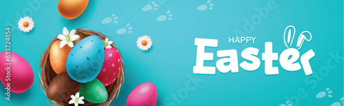 Happy easter greeting text vector banner. Happy easter greeting card with colorful eggs, flowers and nest decoration elements in blue background. Vector illustration easter greeting card.
