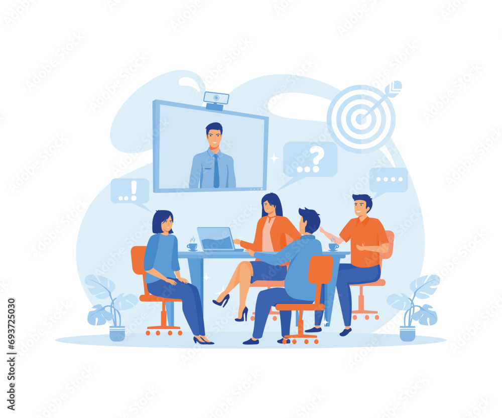 Business team at the video conference call in boardroom. Online meeting with CEO, manager or director. flat vector modern illustration 