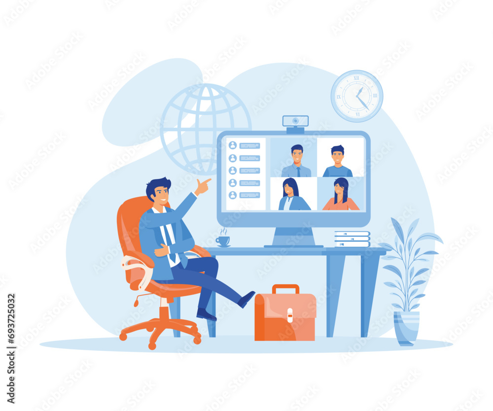 Worker using computer for collective virtual meeting and group video conference. Man at desktop chatting with friends online.  flat vector modern illustration 