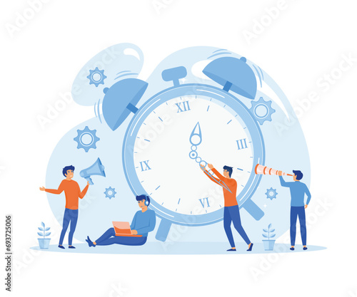 Alarm clock rings on white background, concept of work time management, quick reaction awakening.  flat vector modern illustration 