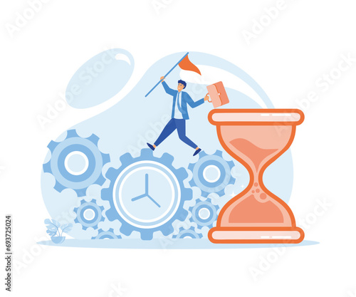 Time management, control. Businessman run along gear in form of clock.  flat vector modern illustration 
