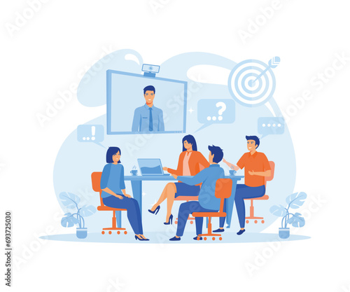 Business team at the video conference call in boardroom. Online meeting with CEO, manager or director. flat vector modern illustration 