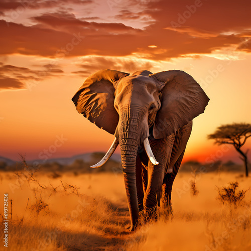 Lone elephant grazing in the golden savannah during sunset © Cao