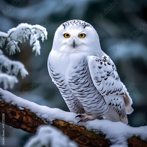 Majestic snowy owl perched on a branch in a snowy forest © Cao
