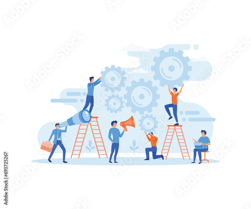 Team of businessmen working with gears or industrial wheels in business or corporate cooperation concept. flat vector modern illustration 