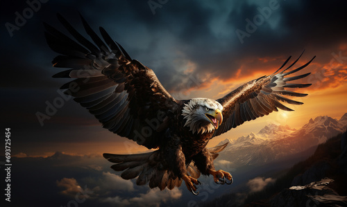 Eagle soaring in the sky with wings spread wide. 