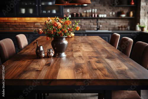 Brown wooden table with free space for your dedication and blurred background of kitchen interior. 