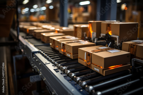 Several cardboard boxes on a conveyor belt.  © artpritsadee
