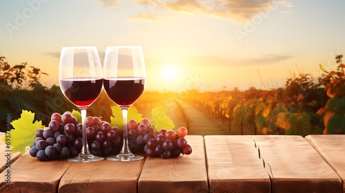 Banner glasses of red wine with grape on wooden table background sunset vineyard farm photo