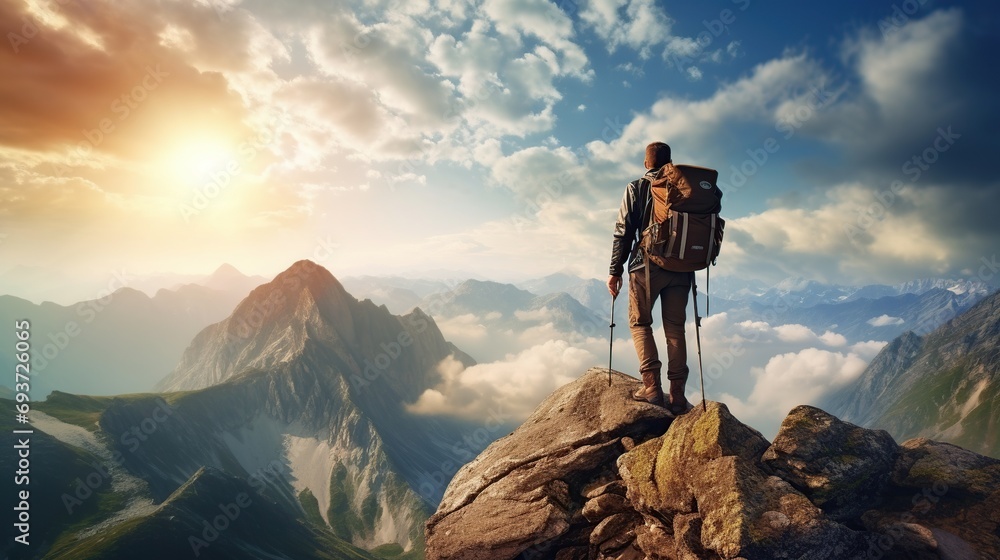 climber standing on the top of a high rock. Sport and active life concept, foggy peak mountain background climber standing on the top of a high rock. Sport and active life concept, foggy peak mountain background