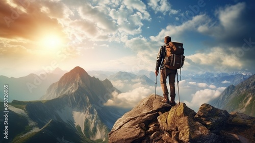 climber standing on the top of a high rock. Sport and active life concept, foggy peak mountain background photo