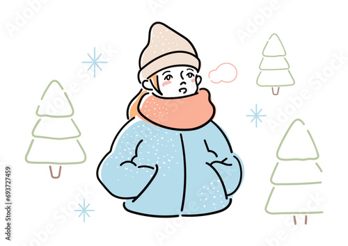 冬の雪景色の中を歩く女の人。冬の女性のイラスト。両手をポッケに入れて温かい装いで微笑む女性。