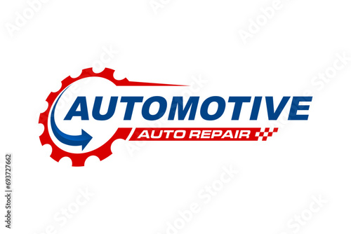 Automotive industry logo with gear and checkered finish flag, garage workshop icon symbol.