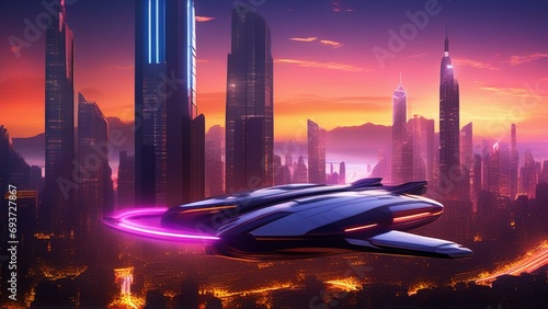  Create a vibrant and futuristic cityscape at dusk  featuring sleek skyscrapers illuminated by neon lights and a bustling atmosphere. Show flying vehicles zipping through the sky and hints of advanced