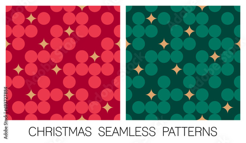 Set of red and green dot and star seamless pattern for christmas and new year background.