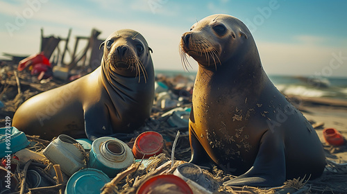 Sea lions standing on a beach covered in trash photo