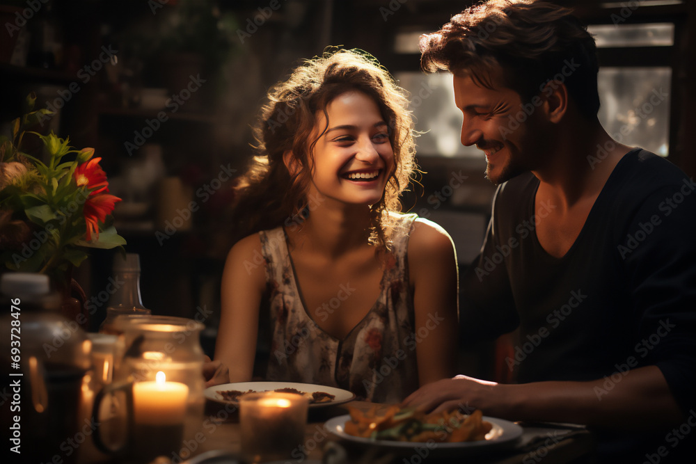 Happy young couple laughing during dinner at night
