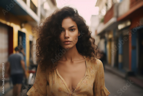 Close-up portrait of beautiful hispanic ethnicity woman with curly hair