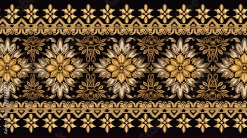  Malaysian Songket, where gold or silver threads intricately weave into fabric, forming elegant patterns that symbolize wealth and royalty. photo