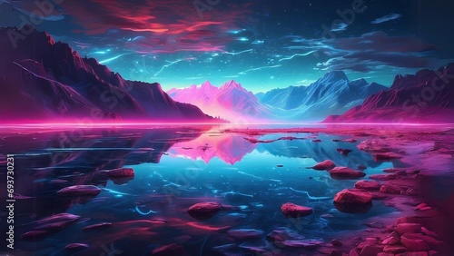 view of the lake reflecting colorful colors with neon light effects
