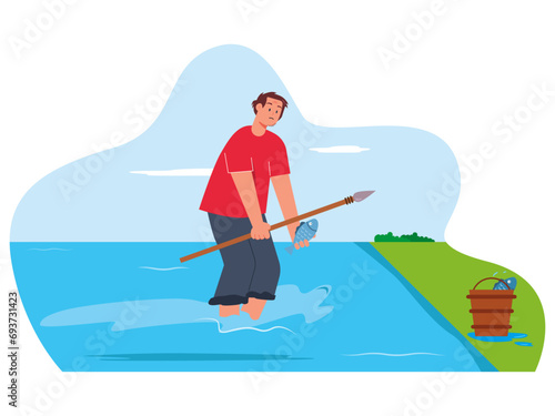 Man looking for fish in the river. Survival illustrations.