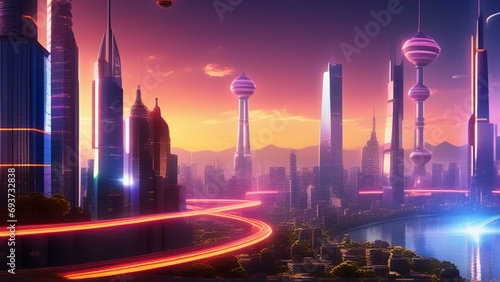  Create a vibrant and futuristic cityscape at dusk  featuring sleek skyscrapers illuminated by neon lights and a bustling atmosphere. Show flying vehicles zipping through the sky and hints of advanced