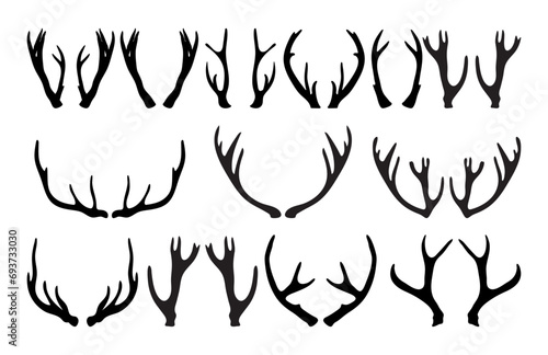 Deer antlers silhouette black icons set hand drawn vector. photo