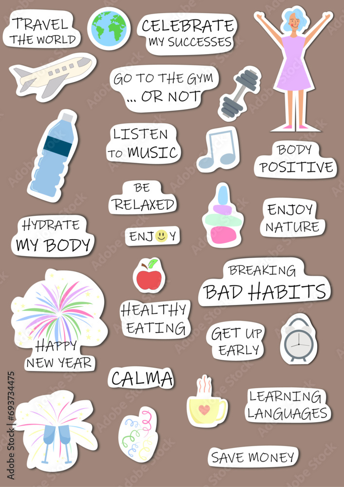 Set of printable New Year's goals stickers.