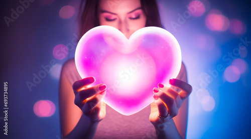 A sultry lady with a neon heart evokes a dark romantic concept. Futuristic, modern expression of creativity. Minimalistic with a vibrant cyber-neon background.