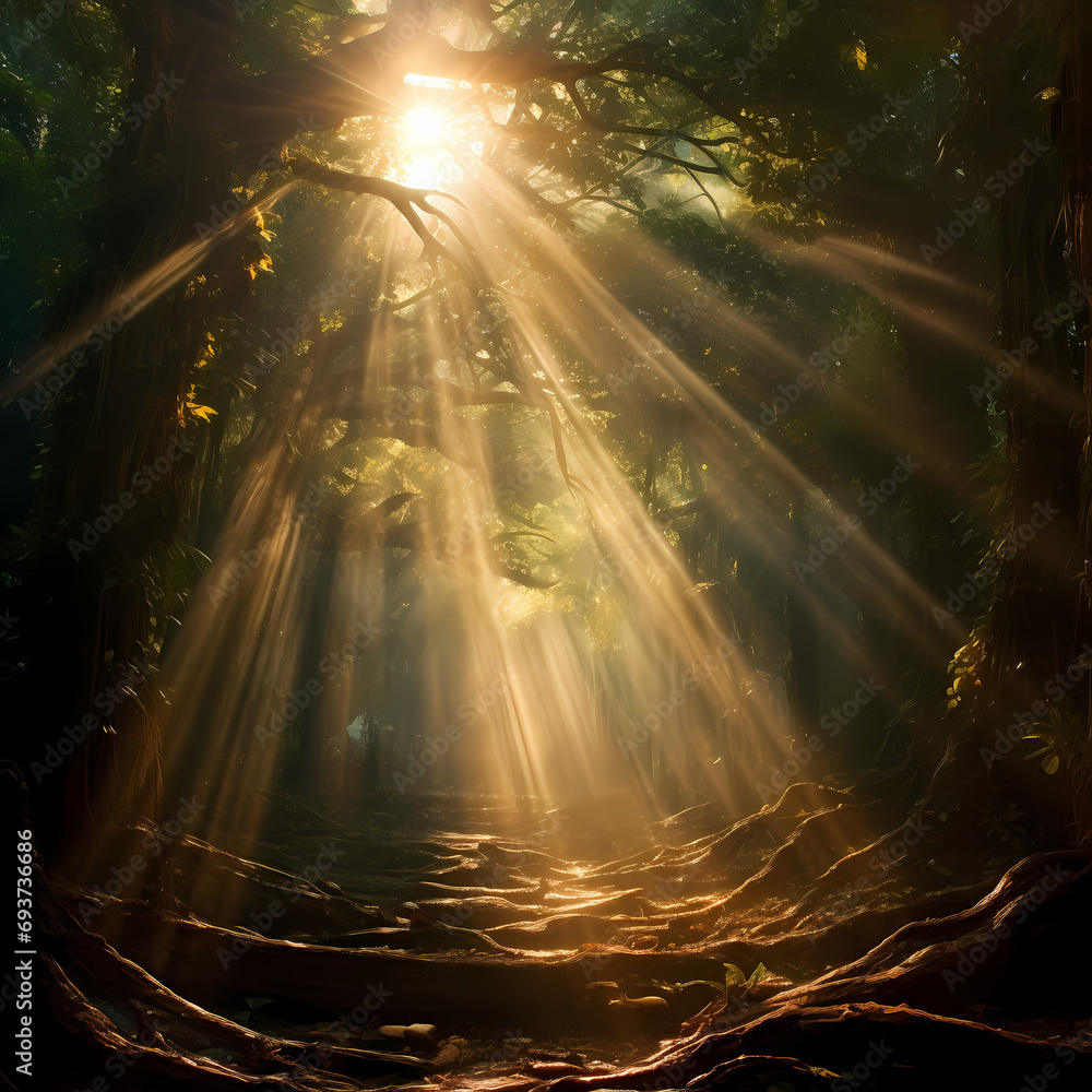 Sunbeams piercing through the thick canopy of an enchanted forest.