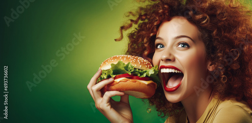 Wallpaper Mural A woman holds a large grilled hamburger sandwich with hungry anticipation, joyfully exclaiming and laughing against a green background. Torontodigital.ca