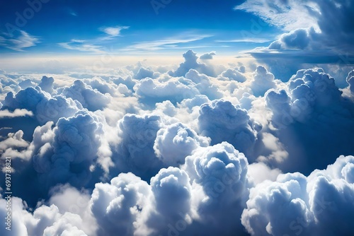 White clouds on blue sky background close up, cumulus clouds high in azure skies, beautiful aerial cloudscape view from above © AI ARTISTRY