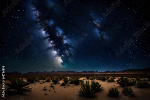 A panoramic view of a desert under the starry night sky.