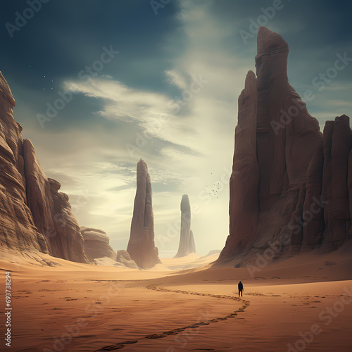 Surreal desert landscape with towering sandstone pillars. photo