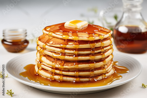 A stack of freshly made pancakes with butter and syrup