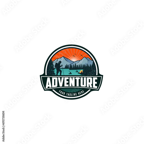 vintage adventure logo, mountain sunset logo, mountain logo round shape outdoor rocky peak adventure. Summer camp, glitter, animation, outdoor logo, vacation travel logo