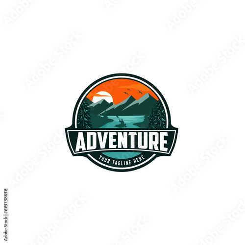 vintage adventure logo, mountain sunset logo, mountain logo round shape outdoor rocky peak adventure. Summer camp, glitter, animation, outdoor logo, vacation travel logo