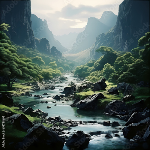 Tranquil river meandering through a lush  green valley