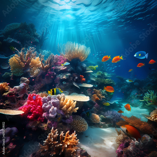 Underwater scene with colorful coral reefs and exotic marine life. © Cao