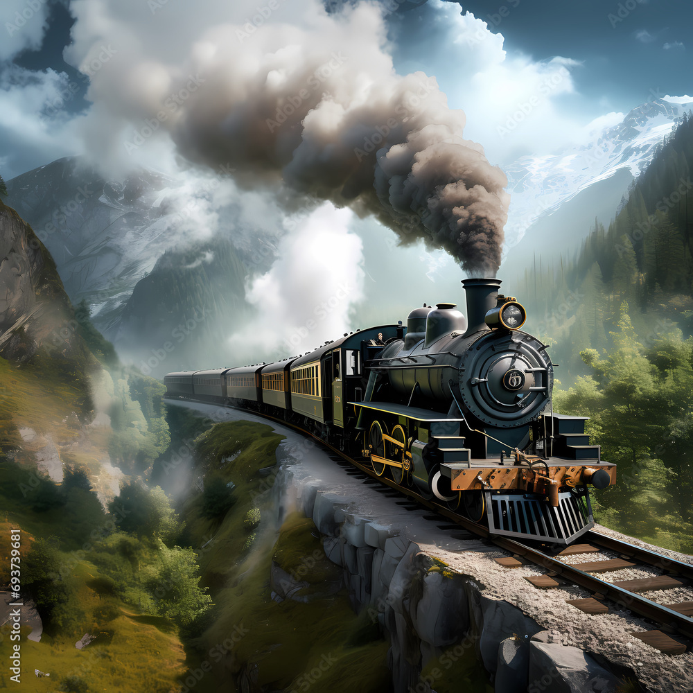 Vintage steam train winding through a picturesque mountain pass.