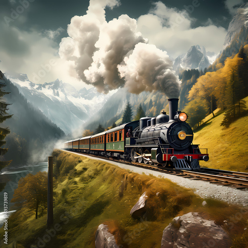 Vintage steam train winding through a scenic mountain pass.