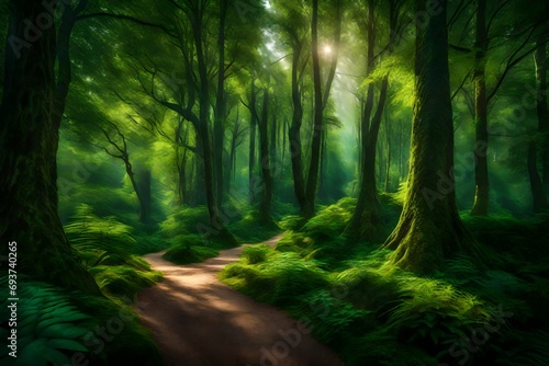 A lush  emerald-green forest with towering trees and a sun-dappled pathway inviting exploration.