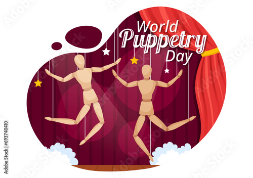 World Puppetry Day Vector Illustration on March 21 for Puppet Festivals which is moved by the Fingers Hands in Flat Kids Cartoon Background Design
