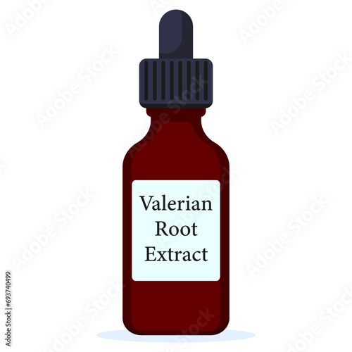 Valerian root extract. Dark bottle of valerian root extract vector illustration isolated on white background