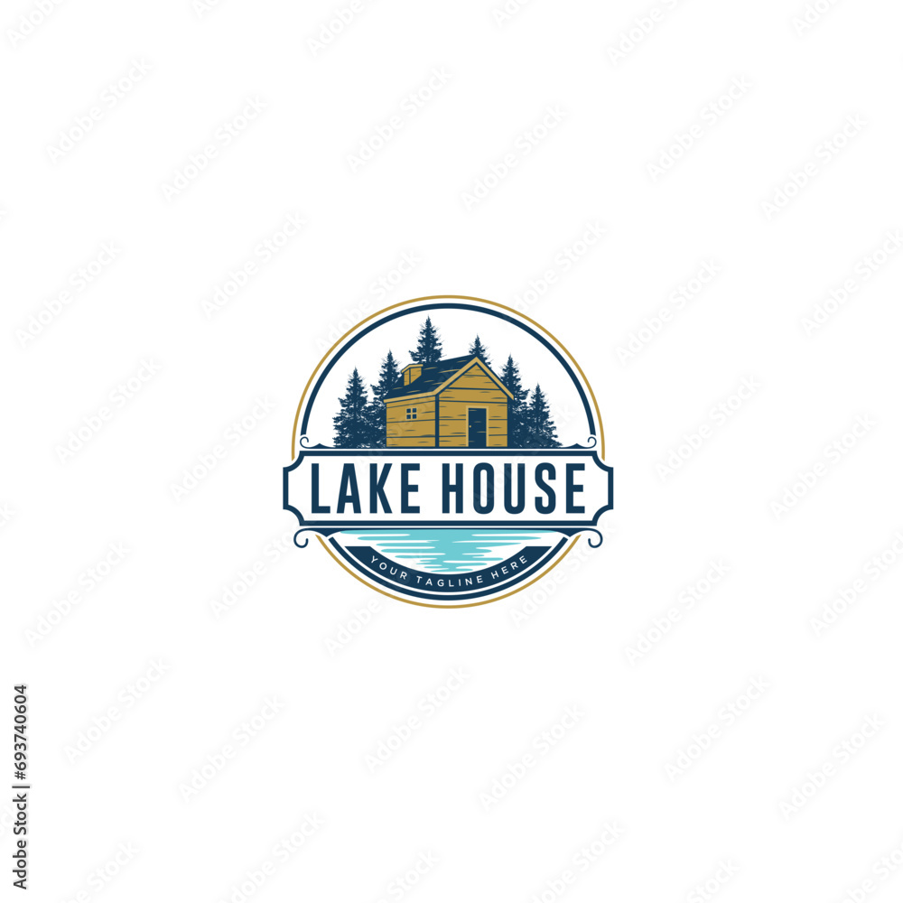 Lake house logo design vector, cottage home stay in front of pine tree forest and lake vector logo design template, Cartoon fishing design illustration vector eps format , suitable for your design
