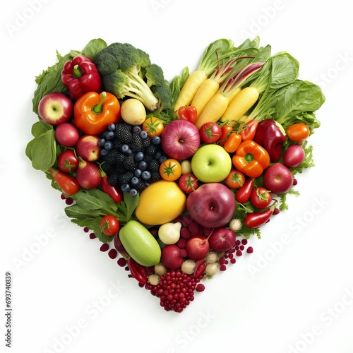 Healthy Heart-Shaped Assortment of Fruits and Vegetables. Generative ai