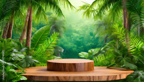 Product presentation with a wooden podium set amidst a lush tropical forest  enhanced by a vibrant green backdrop.3d rendering   waterfall  sunrise  shiny