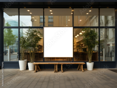Outdoor cafe storefront with blank white billboard for branding. Urban mockup concept. Generative AI photo